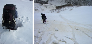 雪を踏み抜いたり・・・